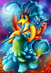 Size: 1060x1500 | Tagged: safe, artist:jamescorck, princess skystar, seapony (g4), g4, my little pony: the movie, blue eyes, bubble, bust, clothes, crown, cute, digital art, dress, eyelashes, female, fin wings, fins, fish tail, flower, flower in hair, flowing mane, flowing tail, glinda the good witch, glowing, jewelry, kristin chenoweth, makeup, necklace, ocean, open mouth, open smile, pearl necklace, portrait, purple eyes, regalia, seaquestria, singing, smiling, solo, staff, swimming, tail, teeth, the wizard of oz, underwater, voice actor joke, water, wicked, wings