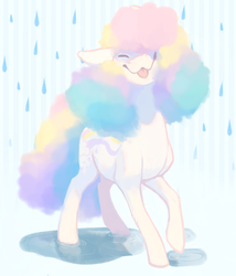 Size: 513x600 | Tagged: safe, artist:bananasmores, raincurl, pony, g1, cute, female, fluffy, g1betes, mlem, pastel, puddle, rain, rainbow curl pony, rainbow hair, rainbow tail, silly, solo, tongue out