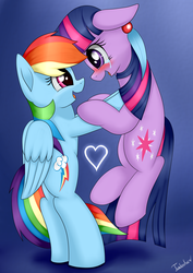 Size: 2480x3507 | Tagged: safe, artist:twidasher, rainbow dash, twilight sparkle, pegasus, pony, unicorn, g4, blushing, crying, duo, female, high res, lesbian, looking at each other, mare, ship:twidash, shipping, smiling, tears of joy