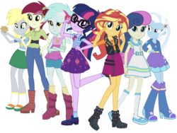 Size: 1753x1320 | Tagged: safe, editor:php77, bon bon, derpy hooves, lyra heartstrings, roseluck, sci-twi, sunset shimmer, sweetie drops, trixie, twilight sparkle, equestria girls, equestria girls series, g4, alternate universe, background human, simple background, transparent background