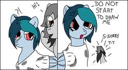 Size: 4363x2397 | Tagged: safe, artist:jimmy draws, oc, oc:delta vee, oc:misterious jim, angry, draw, fanart, female, male, mare, stallion