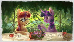 Size: 1751x985 | Tagged: safe, artist:plainoasis, moondancer, silver spoon, twilight sparkle, pony, unicorn, g4, basket, book, drink, duo, duo female, female, flower, fork, garden, glasses, horn, looking at each other, looking at someone, mare, pitcher, plate, salt shaker, scenery, smiling, smiling at each other, table, unicorn twilight