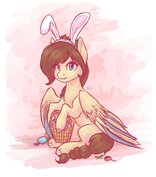 Size: 2169x2451 | Tagged: safe, artist:nightskrill, oc, oc only, pegasus, pony, basket, braided tail, bunny ears, candy, easter, easter basket, easter egg, female, food, high res, holiday, mare, sitting, solo, sweets