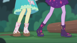 Size: 2208x1242 | Tagged: safe, screencap, fluttershy, sci-twi, twilight sparkle, butterfly, equestria girls, g4, my little pony equestria girls: better together, stressed in show, stressed in show: fluttershy, boots, clothes, dress, legs, log, mud, muddy, pictures of legs, shoes, skirt