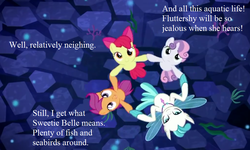 Size: 945x567 | Tagged: safe, edit, edited screencap, editor:korora, screencap, apple bloom, scootaloo, sweetie belle, terramar, earth pony, pegasus, seapony (g4), unicorn, g4, surf and/or turf, bubble, coral, cropped, cutie mark crusaders, dorsal fin, female, filly, fin, fin wings, fins, fish tail, flowing mane, flowing tail, foal, horn, implied fluttershy, jewelry, looking up, male, necklace, ocean, ribbon, rock, sea-mcs, seaponified, seapony apple bloom, seapony scootaloo, seapony sweetie belle, seaquestria, seaweed, singing, smiling, species swap, spread wings, swimming, tail, text, underwater, water, wings, your heart is in two places, youtube screencap