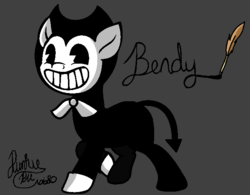 Size: 673x524 | Tagged: safe, artist:pinkiepie6680, pony, bendy, bendy and the ink machine, bowtie, devil tail, grin, ponified, quill pen, smiling, solo