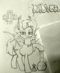 Size: 1504x1825 | Tagged: safe, artist:halcyonnoctem, oc, oc only, oc:indica, alicorn, bat pony, bat pony alicorn, pony, :3, bong, drugs, ear piercing, earring, female, high, jewelry, lidded eyes, looking at you, mare, marijuana, piercing, sketch, sketch dump, smiling, smirk, solo, spread wings, traditional art, wings