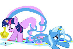 Size: 1200x800 | Tagged: safe, artist:navitaserussirus, edit, trixie, twilight sparkle, asktwixiegenies, g4, female, lesbian, ship:twixie, shipping, twister