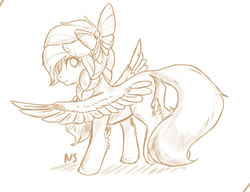 Size: 853x656 | Tagged: safe, artist:nightskrill, oc, oc only, pegasus, pony, bow, braid, butt, female, hair bow, looking at you, looking back, looking back at you, mare, monochrome, plot, sketch, solo, spread wings, wings