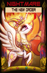 Size: 2600x4000 | Tagged: safe, artist:plotcore, nightmare star, alicorn, pony, g4, curtains, drawthread, elements of harmony, female, horn, jewelry, looking up, mare, parody, ponified comic cover, poster, propaganda, raised hoof, regalia, request, solo, spread wings, text, wings