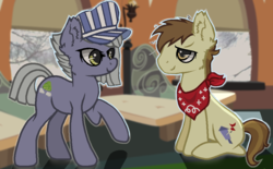 Size: 955x592 | Tagged: safe, artist:victoriathething, limestone pie, steamer, earth pony, pony, g4, female, hat, male, mare, shipping, stallion, steamstone, straight