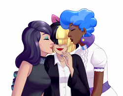 Size: 1200x935 | Tagged: safe, artist:emberfan11, coloratura, sapphire shores, songbird serenade, human, g4, my little pony: the movie, african american, blue hair, bow, cheek kiss, colorenade, dark skin, diva, ear piercing, earring, eyes closed, eyeshadow, female, humanized, humanized ponified human, jewelry, kiss sandwich, kissing, lesbian, lipstick, makeup, nail polish, piercing, polyamory, purple eyeshadow, rarabetes, red lipstick, sapphiratura, sapphire colorenade, sapphire songbird, sapphirebetes, shipping, sia (singer), simple background, songbetes, sweet dreams fuel, trio, white background
