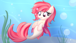 Size: 1920x1080 | Tagged: safe, artist:lbrcloud, oc, oc only, oc:blood moon, bat pony, seapony (g4), bat pony oc, blind eye, bubble, confused, eyelashes, underwater, water