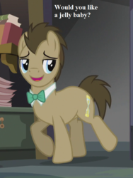 Size: 648x864 | Tagged: safe, edit, edited screencap, editor:korora, screencap, doctor whooves, time turner, g4, slice of life (episode), book, bronybait, cropped, doctor who, jelly babies, the doctor