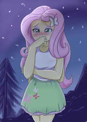 Size: 2338x3248 | Tagged: safe, artist:sumin6301, fluttershy, equestria girls, g4, blushing, clothes, crying, female, fluttershy's skirt, high res, night, sad, skirt, solo, tank top, tree