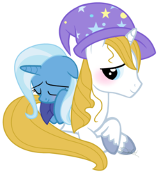 Size: 1988x2176 | Tagged: safe, artist:leanne264, prince blueblood, trixie, pony, g4, accessory swap, clothes, female, hat, male, nightcap, prone, ship:bluetrix, shipping, simple background, sleeping, straight, transparent background, trixie's hat
