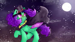 Size: 1024x576 | Tagged: safe, artist:yunieelloa, oc, oc only, oc:lugaluz, pegasus, pony, cloak, clothes, female, hat, mare, night, solo, two toned wings