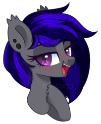 Size: 1392x1702 | Tagged: safe, artist:hawthornss, oc, oc only, oc:moonshadow, bat pony, bat pony oc, bedroom eyes, chest fluff, cute, cute little fangs, ear fluff, fangs, lightly watermarked, looking at you, open mouth, simple background, smiling, solo, transparent background, watermark