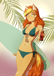 Size: 905x1280 | Tagged: safe, artist:glorious-rarien, oc, oc only, oc:sand veil, earth pony, anthro, anthro oc, belly button, bikini, breasts, cleavage, clothes, coca-cola, coke bottle, digital art, drink, female, green bikini, mare, soda, sunglasses, surfboard, swimsuit, ych result