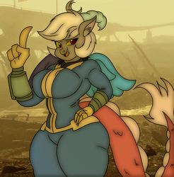 Size: 776x788 | Tagged: safe, artist:jacalope, artist:mad'n evil, edit, discord, anthro, g4, big breasts, breasts, colored, eris, fallout, fallout 4, rule 63