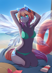 Size: 905x1280 | Tagged: safe, artist:glorious-rarien, oc, oc only, oc:lumina flare, hybrid, anthro, anthro oc, arm behind head, armpits, beach, belly button, bikini, breasts, cleavage, clothes, female, kneeling, looking at you, mare, midriff, ocean, pinup, short hair, swimsuit, ych result