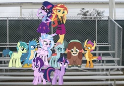 Size: 1362x941 | Tagged: safe, editor:php77, gallus, ocellus, sandbar, sci-twi, silverstream, smolder, starlight glimmer, sunset shimmer, twilight sparkle, yona, alicorn, classical hippogriff, griffon, hippogriff, pony, equestria girls, g4, my little pony equestria girls: better together, school daze, equestria girls in real life, geode of empathy, geode of telekinesis, irl, magical geodes, photo, ponies in real life, student six, twilight sparkle (alicorn), twolight