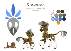 Size: 3500x2500 | Tagged: safe, artist:jackiebloom, oc, oc only, oc:kinyume, hybrid, pony, zony, baby, baby pony, bald face, blaze (coat marking), coat markings, ear piercing, earring, facial markings, female, filly, high res, jewelry, magical lesbian spawn, mare, offspring, pale belly, parent:daring do, parent:zecora, parents:daringcora, piercing, reference sheet, ring, simple background, socks (coat markings), solo, tail, tail ring, transparent background