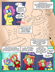 Size: 1280x1656 | Tagged: safe, artist:zanezandell, oc, oc only, oc:cortland apple, oc:sugarbolt, pony, comic:cmcnext, ascot, bipedal, cmcnext, colt, comic, explanation, exposition, female, filly, goggles, hat, male, pencil, plaid shirt, schematics, science, speech bubble, straw hat, technobabble, technology, tree