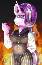 Size: 1500x2328 | Tagged: safe, artist:calamity-studios, starlight glimmer, unicorn, anthro, g4, a series of unfortunate events, breasts, clothes, count olaf, crossover, evil smile, female, fire, grin, smiling, solo