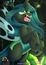 Size: 1500x2100 | Tagged: safe, artist:calamity-studios, queen chrysalis, changeling, changeling queen, g4, crown, fangs, female, intimidating, jewelry, open mouth, rearing, regalia, sharp teeth, signature, solo, teeth