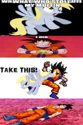 Size: 1152x1726 | Tagged: safe, derpy hooves, g4, dragon ball, dragonball z abridged, food, image macro, male, meme, muffin, son goku, team four star, wat