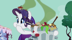 Size: 640x360 | Tagged: safe, screencap, rarity, pony, unicorn, g4, party of one, cropped, female, mare, not fabulous, smell, smelly, solo, stink lines, trash, trash can