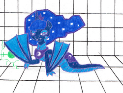 Size: 2264x1723 | Tagged: safe, artist:eternaljonathan, part of a set, princess luna, original species, wyrm, g4, laser gun, pencil drawing, science fiction, solo, story included, traditional art, transformation, wings