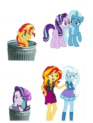 Size: 3106x4096 | Tagged: safe, starlight glimmer, sunset shimmer, trixie, equestria girls, g4, abuse, downvote bait, drama, female, glimmerbuse, lesbian, op is a duck, op isn't even trying anymore, sad, scaredy glimmer, shimmerbuse, ship:startrix, ship:suntrix, shipping, simple background, starlight drama, sunset shimmer's trash can, trash can, white background