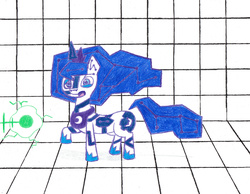 Size: 2527x1966 | Tagged: safe, artist:eternaljonathan, part of a set, princess luna, original species, g4, laser gun, pencil drawing, science fiction, solo, story included, traditional art, transformation