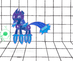 Size: 2254x1879 | Tagged: safe, artist:eternaljonathan, part of a set, princess luna, original species, g4, fire, flying, laser gun, pencil drawing, science fiction, solo, story included, traditional art, transformation