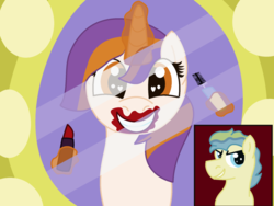 Size: 1024x769 | Tagged: safe, artist:amellia-rose, artist:kindheart525, oc, oc only, oc:diamond mine, kindverse, big grin, cute, digital art, grin, happy, heart eyes, lipstick, mascara, mirror, next generation, offspring, parent:button mash, parent:carrot crunch, parent:petunia paleo, parent:sweetie belle, parents:sweetiemash, photo, smiling, story in the source, story included, wingding eyes