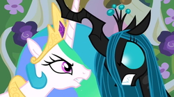 Size: 878x492 | Tagged: safe, edit, edited screencap, screencap, princess celestia, queen chrysalis, changeling, changeling queen, g4, angry, changeling eyes, changeling eyes edit, duo, female, looking at each other