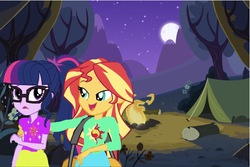 Size: 1863x1241 | Tagged: safe, editor:php77, sci-twi, sunset shimmer, twilight sparkle, equestria girls, g4, 1000 hours in ms paint, campfire, camping, crappy art, female, forest, lesbian, moon, night, ship:sci-twishimmer, ship:sunsetsparkle, shipping, tent