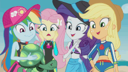 Size: 998x561 | Tagged: safe, screencap, applejack, fluttershy, rainbow dash, rarity, tank, tortoise, aww... baby turtles, equestria girls, g4, my little pony equestria girls: better together, animal, animated, belly button, bikini, cap, clothes, cute, daaaaaaaaaaaw, dashabetes, geode of fauna, geode of shielding, geode of super speed, geode of super strength, gif, hat, jackabetes, magical geodes, midriff, raribetes, sarong, shyabetes, sun hat, swimsuit, wetsuit