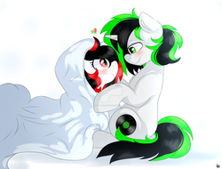Size: 1600x1214 | Tagged: safe, artist:bl--blacklight, oc, oc only, oc:litch, oc:ray scratch, pony, unicorn, blanket, couple, duo, female, looking at each other, male, ritch, simple background, smiling, straight, white background