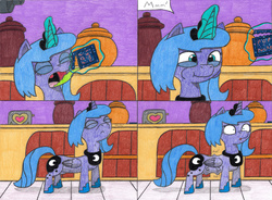 Size: 4316x3168 | Tagged: safe, artist:eternaljonathan, princess luna, alicorn, pony, comic:first three back, g4, candy, canterlot, canterlot castle, castle, cheek bulge, comic, eating, female, food, jar, kitchen, mare, pans, pencil drawing, pop rocks, popping, s1 luna, stomach noise, surprised, swallowing, throat bulge, toaster, traditional art