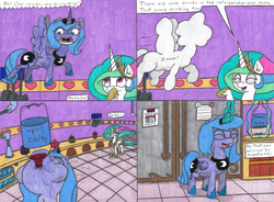 Size: 4312x3168 | Tagged: safe, artist:eternaljonathan, princess celestia, princess luna, alicorn, pony, comic:first three back, g4, abdominal bulge, belly, butt, canterlot, canterlot castle, castle, cheek bulge, chugging, comic, drinking, female, flying, food baby, jar, kitchen, mare, oven, pans, pencil drawing, picture, pipe (plumbing), plot, popping, pot, refrigerator, royal sisters, slosh, soda, stomach noise, swallowing, throat bulge, traditional art, zoom
