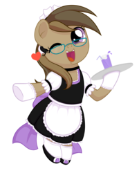Size: 1602x1992 | Tagged: safe, artist:wavecipher, oc, oc only, oc:dawnsong, earth pony, pony, bipedal, blushing, clothes, collar, cute, drink, female, glasses, heart, maid, mare, ocbetes, one eye closed, shoes, simple background, solo, transparent background, wink, ych result