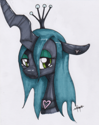 Size: 832x1044 | Tagged: safe, artist:shikogo, queen chrysalis, changeling, changeling queen, g4, bust, crown, female, floppy ears, jewelry, looking at you, portrait, regalia, sad, solo, traditional art