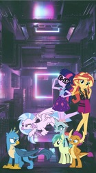 Size: 839x1495 | Tagged: safe, editor:php77, gallus, ocellus, sandbar, sci-twi, silverstream, smolder, sunset shimmer, twilight sparkle, classical hippogriff, griffon, hippogriff, pony, equestria girls, g4, my little pony equestria girls: better together, school daze, equestria girls in real life, geode of empathy, geode of telekinesis, irl, magical geodes, phone wallpaper, photo, ponies in real life, wallpaper