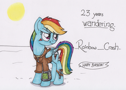 Size: 1024x731 | Tagged: safe, artist:shikogo, rainbow dash, pegasus, pony, g4, birthday card, clothes, fallout, female, gun, jacket, leather jacket, pipbuck, smiling, solo, traditional art, weapon