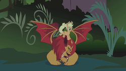 Size: 1280x720 | Tagged: safe, screencap, applejack, manny roar, earth pony, manticore, pony, friendship is magic, g4, duo, female, mare, ponies riding cats, riding, spread wings, wings