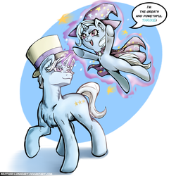 Size: 1150x1150 | Tagged: safe, artist:brother-lionheart, jack pot, trixie, pony, unicorn, g4, grannies gone wild, cape, clothes, cute, father and daughter, female, filly, glowing horn, hat, horn, levitation, magic, male, smiling, stallion, telekinesis, trixie's cape, trixie's hat