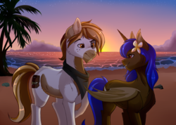 Size: 1024x729 | Tagged: safe, artist:hikariviny, oc, oc only, alicorn, bat pony, bat pony alicorn, earth pony, pony, alicorn oc, ascot, beach, commission, digital art, duo, female, flower, flower in hair, kerchief, looking at each other, looking back, male, mare, palm tree, smiling, stallion, tree